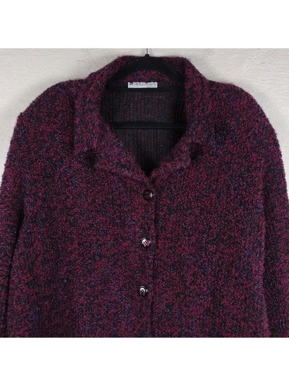 Dressbarn Woman Burgundy Knit  Collared Long Sleeve Button Up Cardigan Jacket